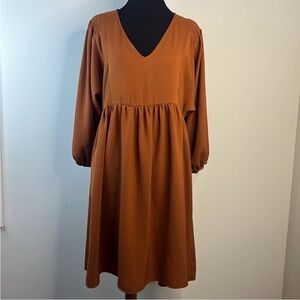 Everly Dress Elegant Rust Brown Orange V-Neck 3/4 Length Long Sleeves Feminine M